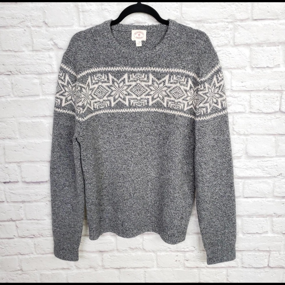 Brooks Brothers Gray Cream Wool Snowflake Fair Isle Crew Neck Sweater Sz L